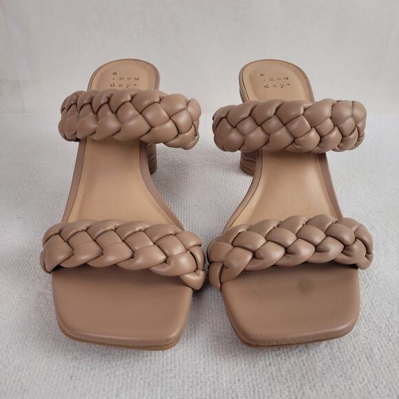 a new day Shoes - A New Day Womens Tan Vegan Leather Braided Strap Stacked Heel Sandals Size 6.5